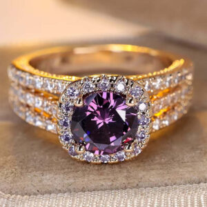 Copper Micro-pave Zircon Three-tier Index Finger Rose Gold Round-cast Amethyst Luxury Full-diamond Ring