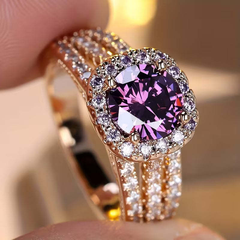 Copper Micro-pave Zircon Three-tier Index Finger Rose Gold Round-cast Amethyst Luxury Full-diamond Ring - Image 2
