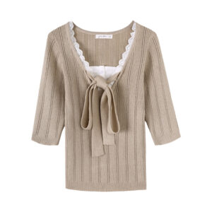 Lace Spliced Mock Two-Piece Knotted Knit Top for Women